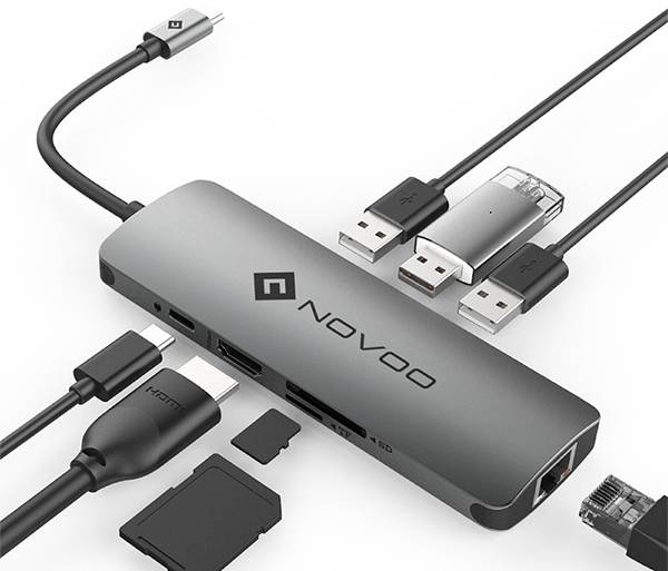 【NOVOO】八合一Type-C多功能鋁合金集線器 (USB-C HUB/讀卡機)-鋼鐵灰